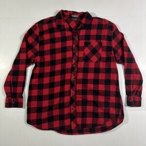 Eddie Bauer Shirt Womens M Red Black Plaid Flannel Boyfriend Fit